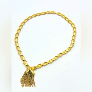 Vintage Gold Tone Link Necklace w/ Flower Tassel Tulip Waterfall Textured Heavy